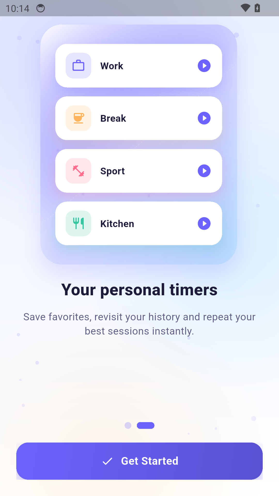 White Timer onboarding screen with personal timers