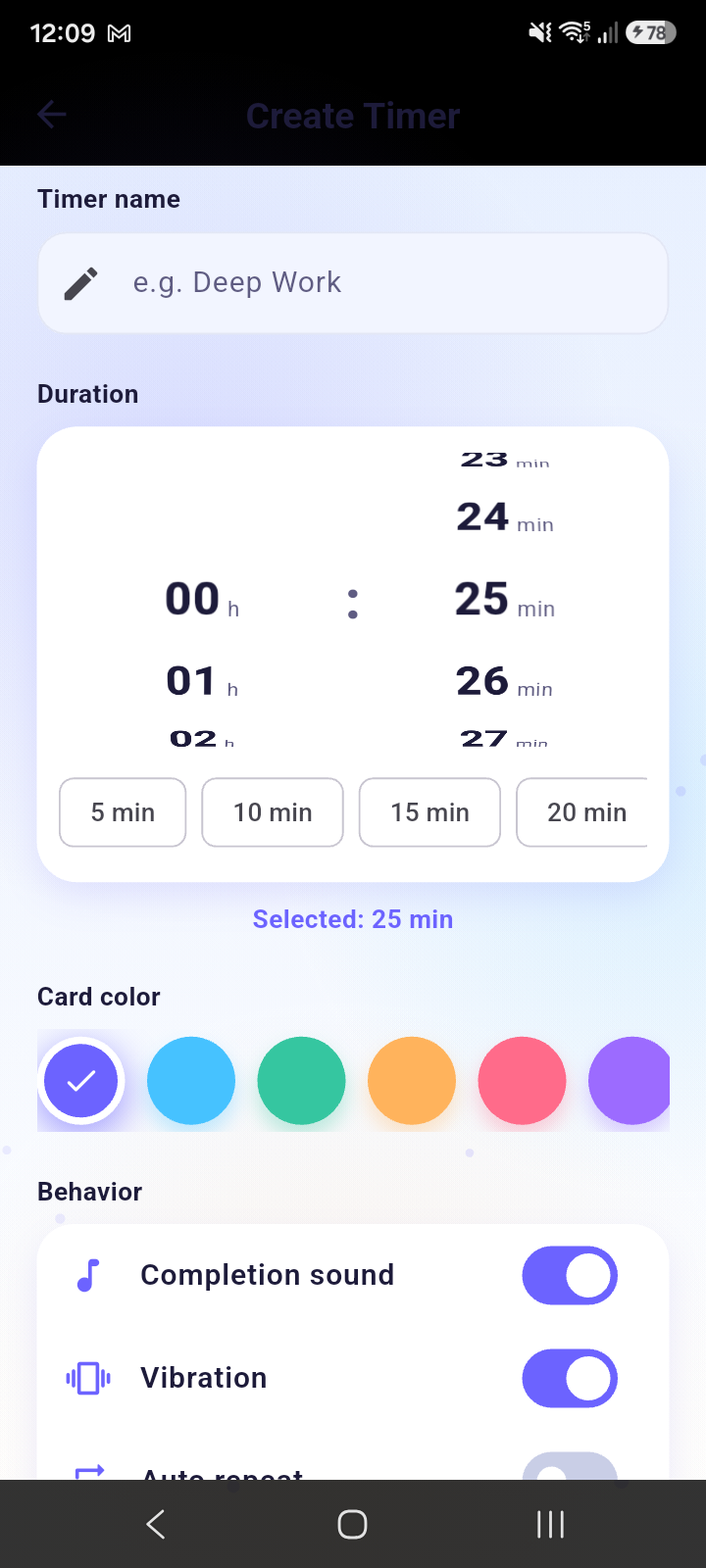 White Timer create timer screen