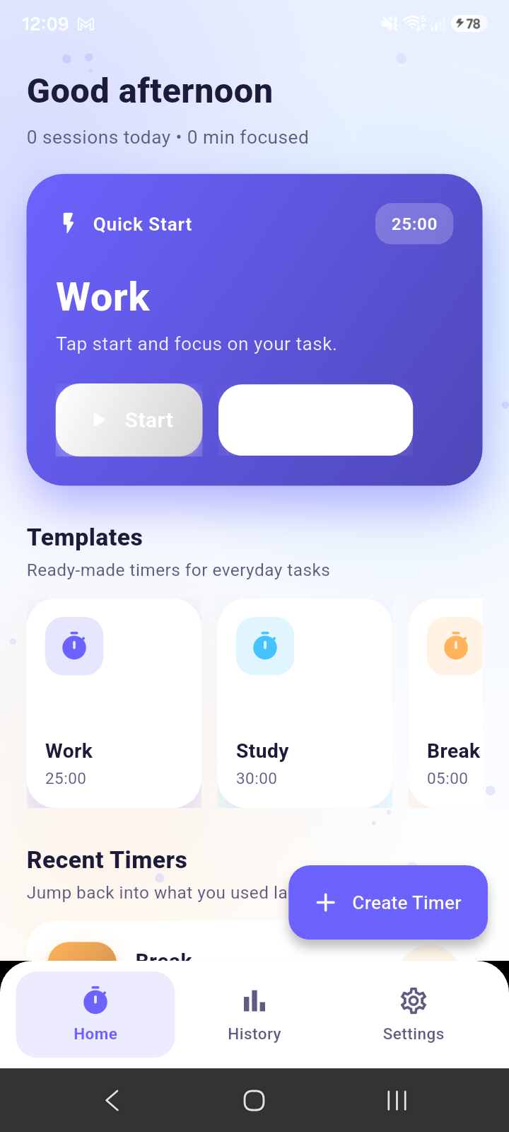 White Timer home with quick start and templates